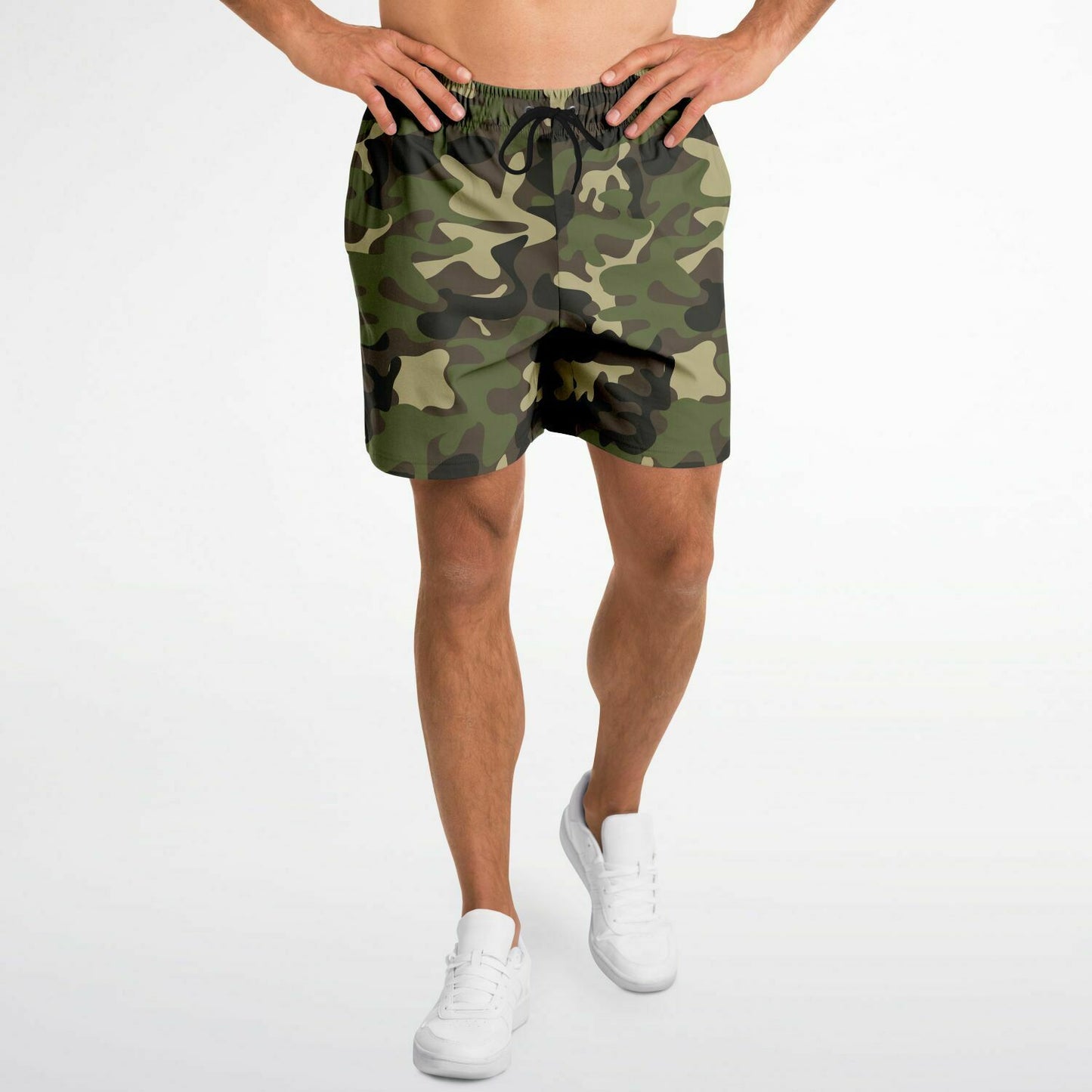 Camo Men Shorts, Camouflage Green Army Beach Mid Length 7" Inch Inseam Casual with Pockets Drawstring Casual Designer Summer