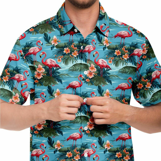 Pink Flamingo Men Button Up Shirt, Green Blue Ocean Palm Trees Short Sleeve Print Casual Buttoned Down Male Guys Collared Designer Dress