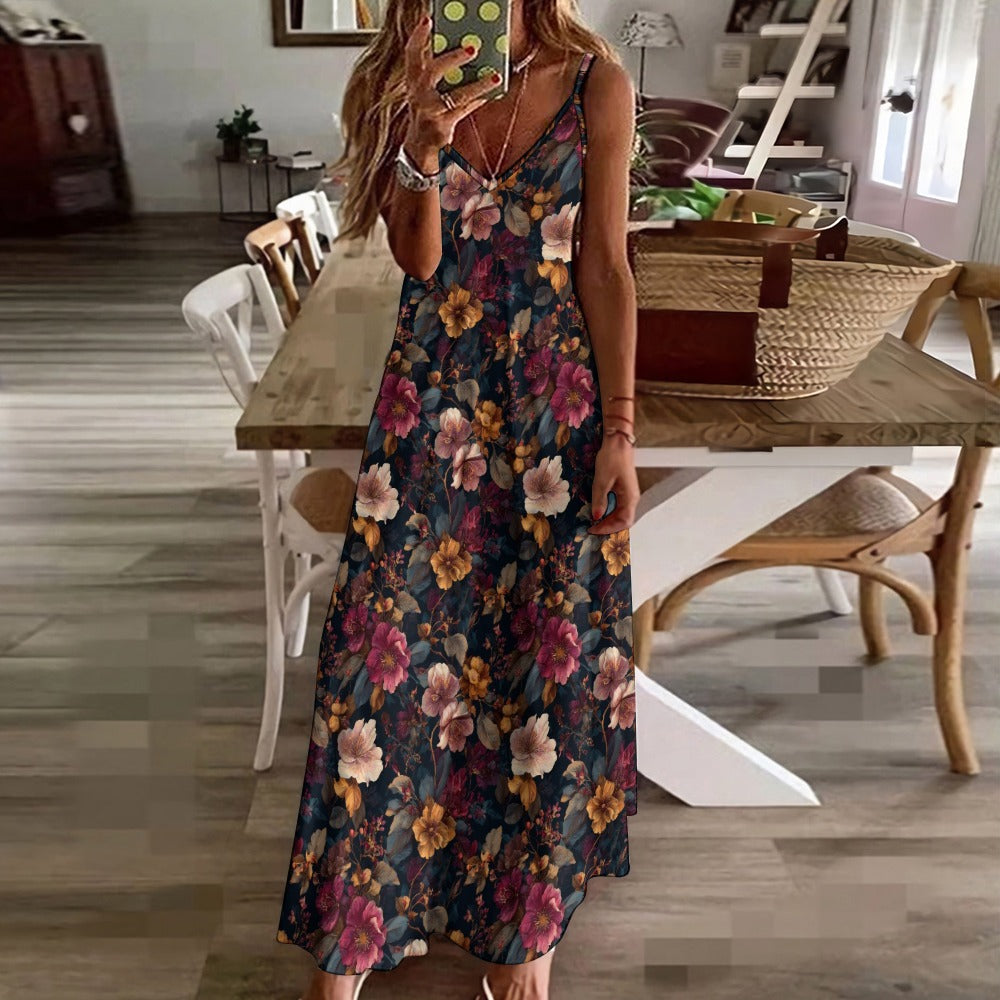 Pink Bordeaux Floral Maxi Dress, Flowers Fall Long Spaghetti Straps Flowy Women Sleeveless Casual Cute Designer Plus Size Cocktail Party Summer