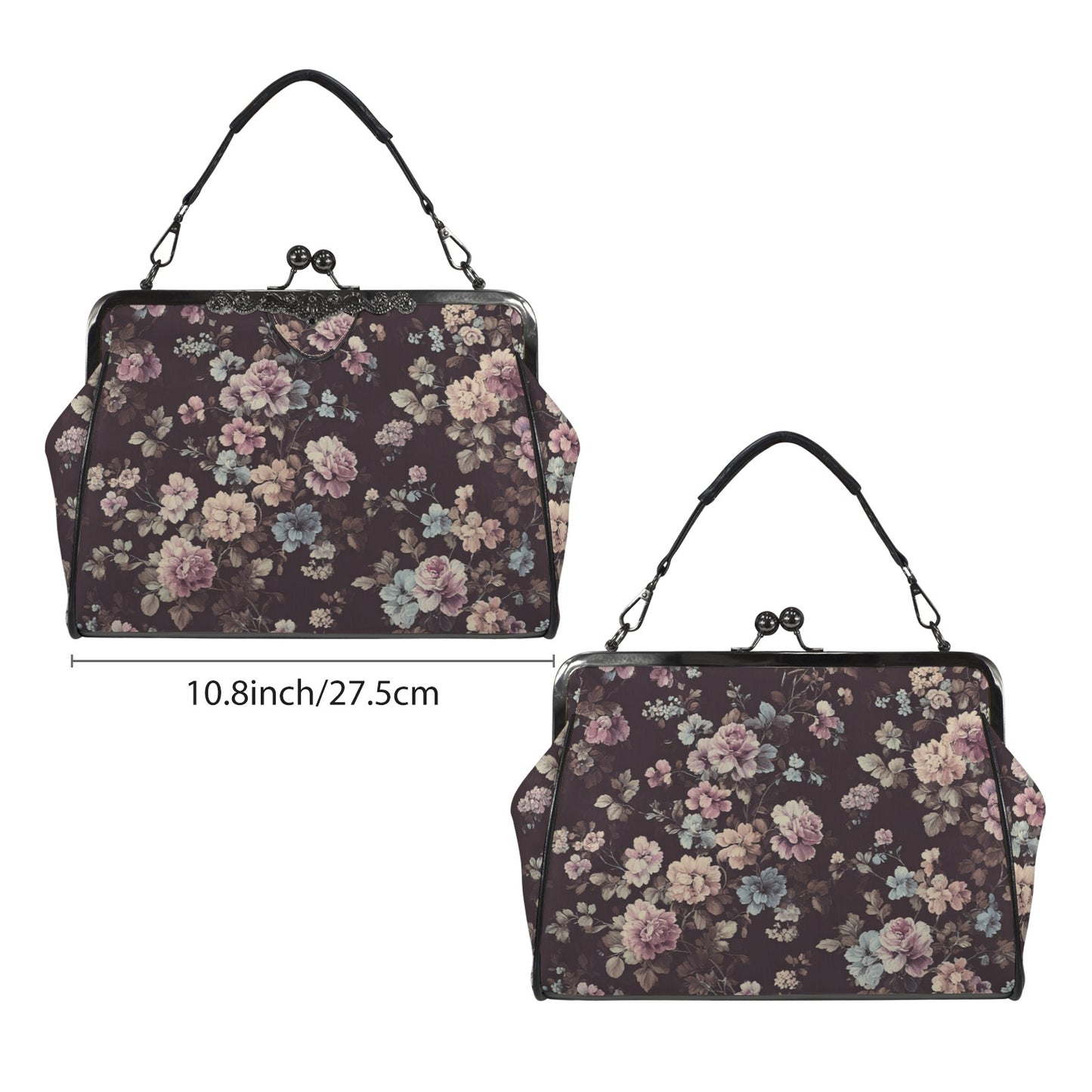 Rococo Floral Kiss Lock Purse Handbag, Purple Pink Flowers Retro Vegan Leather Vintage Designer Shoulder Crossbody Top Handle Clasp Bag
