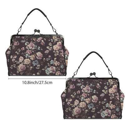 Rococo Floral Kiss Lock Purse Handbag, Purple Pink Flowers Retro Vegan Leather Vintage Designer Shoulder Crossbody Top Handle Clasp Bag