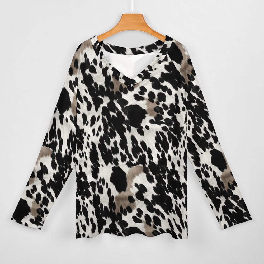 Cow Print Women Long Sleeve Tshirt loose fit, Black Brown Western Animal White Relaxed V-neck Graphic Aesthetic Ladies Female Tee Top Shirt - Starcove Fashion