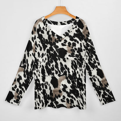 Cow Print Women Long Sleeve Tshirt loose fit, Black Brown Western Animal White Relaxed V-neck Graphic Aesthetic Ladies Female Tee Top Shirt - Starcove Fashion
