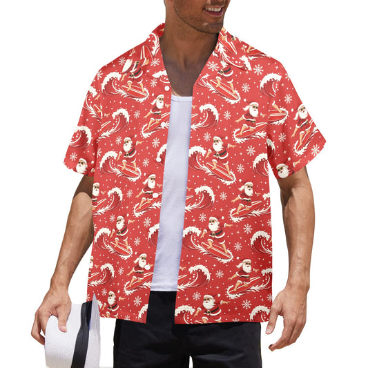 Christmas Hawaiian Men Shirt, Red Santa Claus Surfing Xmas Beach Print Vintage Aloha Hawaii Retro Tropical Plus Size Pocket Guys Button Down