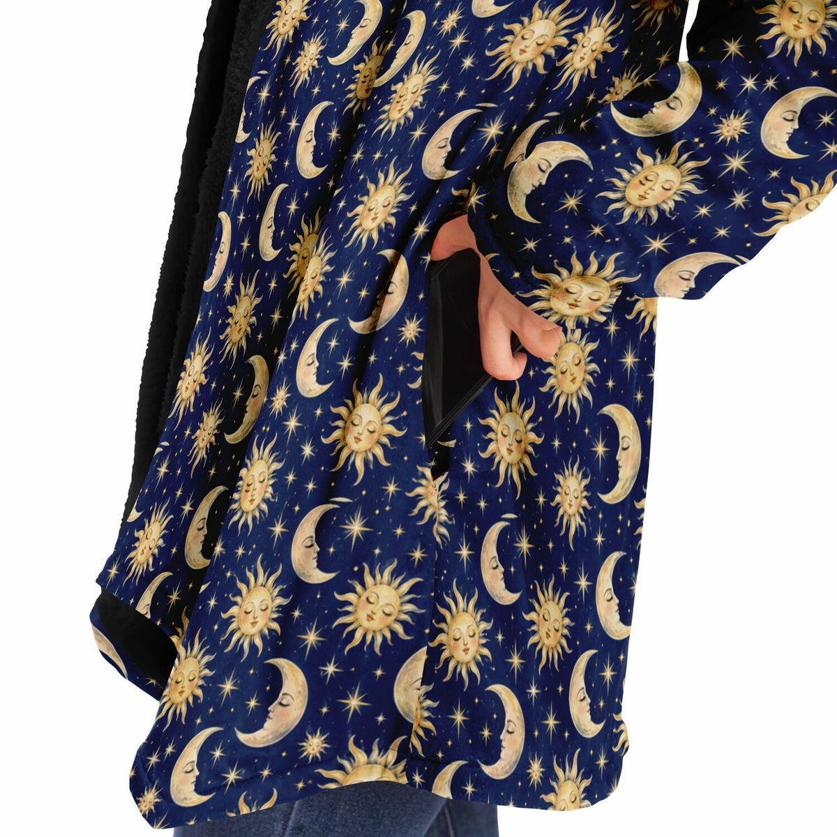 Sun Moon Hooded Cloak, Blue Navy Celestial Cosmic Space Coat Men Women Ladies Winter Warm Mink Fleece Blanket Robe Wearable Cape Pockets