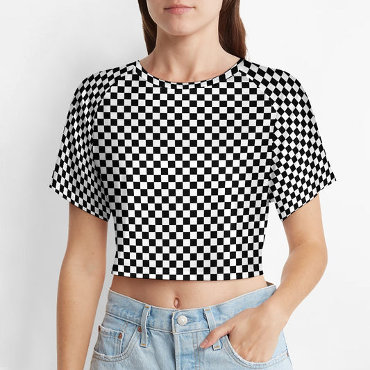 Checkered Crop Top Tshirt, Black White Check Belly Tee Women Adult Cute Aesthetic Graphic Crewneck Sexy Festival Y2K Ladies Cropped Shirt
