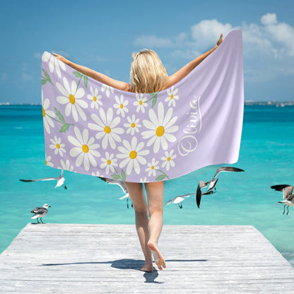 Daisy  Personalized Beach Towel, Custom Floral Customized Name Pool Microfiber Large Swim Quick Dry Kids Adult Men Women Cotton Blanket