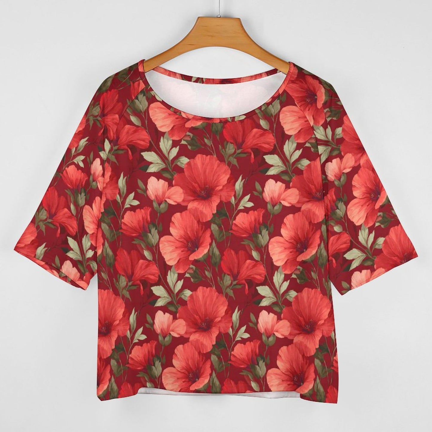 Red Floral Off the Shoulder Top Tshirt, Flowers Women Ladies Half Sleeve Shirt Blouse Loose Relaxed Fit Festival Casual Lightweight