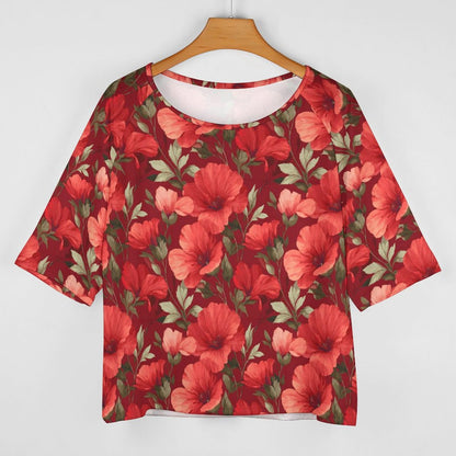 Red Floral Off the Shoulder Top Tshirt, Flowers Women Ladies Half Sleeve Shirt Blouse Loose Relaxed Fit Festival Casual Lightweight