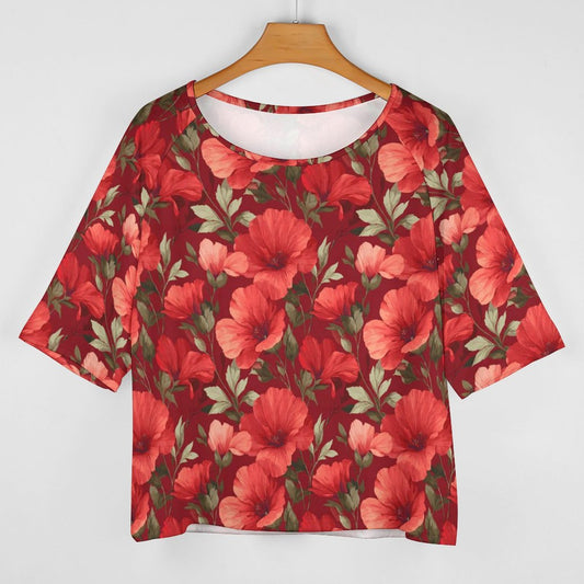 Red Floral Off the Shoulder Top Tshirt, Flowers Women Ladies Half Sleeve Shirt Blouse Loose Relaxed Fit Festival Casual Lightweight
