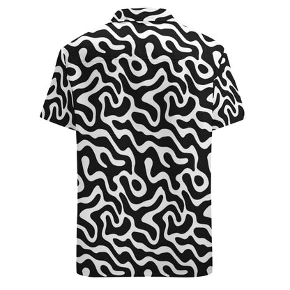 Black White Men Button Up Shirt, Psychedelic Wavy Trippy Short Sleeve Print Casual Buttoned Down Summer Male Guys Collared Designer Festival