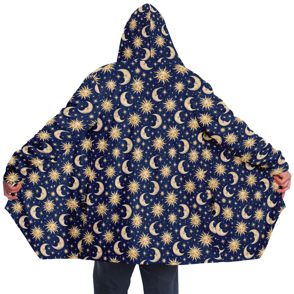 Sun Moon Hooded Cloak, Blue Navy Celestial Cosmic Space Coat Men Women Ladies Winter Warm Mink Fleece Blanket Robe Wearable Cape Pockets
