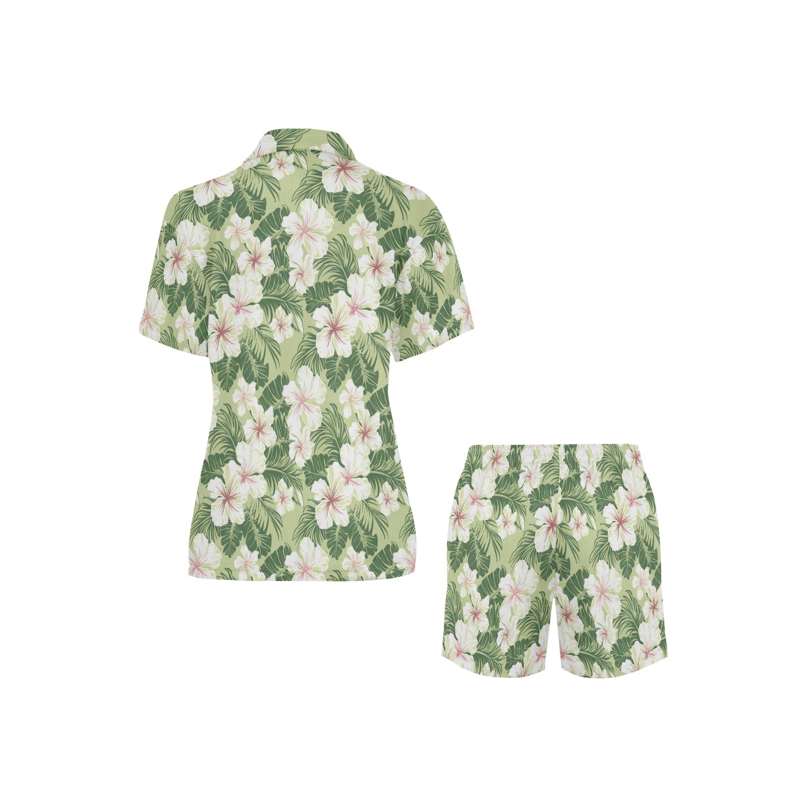 Green Floral Pajamas Set, White Flowers Botanical Sleepwear Short Sleeve Sleep Shirt Shorts Night Plus Size Summer Designer PJs Button Up - Starcove Fashion