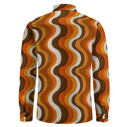 70s Wavy Stripes Long Sleeve Men Button Up Shirt, Retro Vintage Brown Orange Print Buttoned Down Collar Casual Dress 1970 Disco Chest Pocket