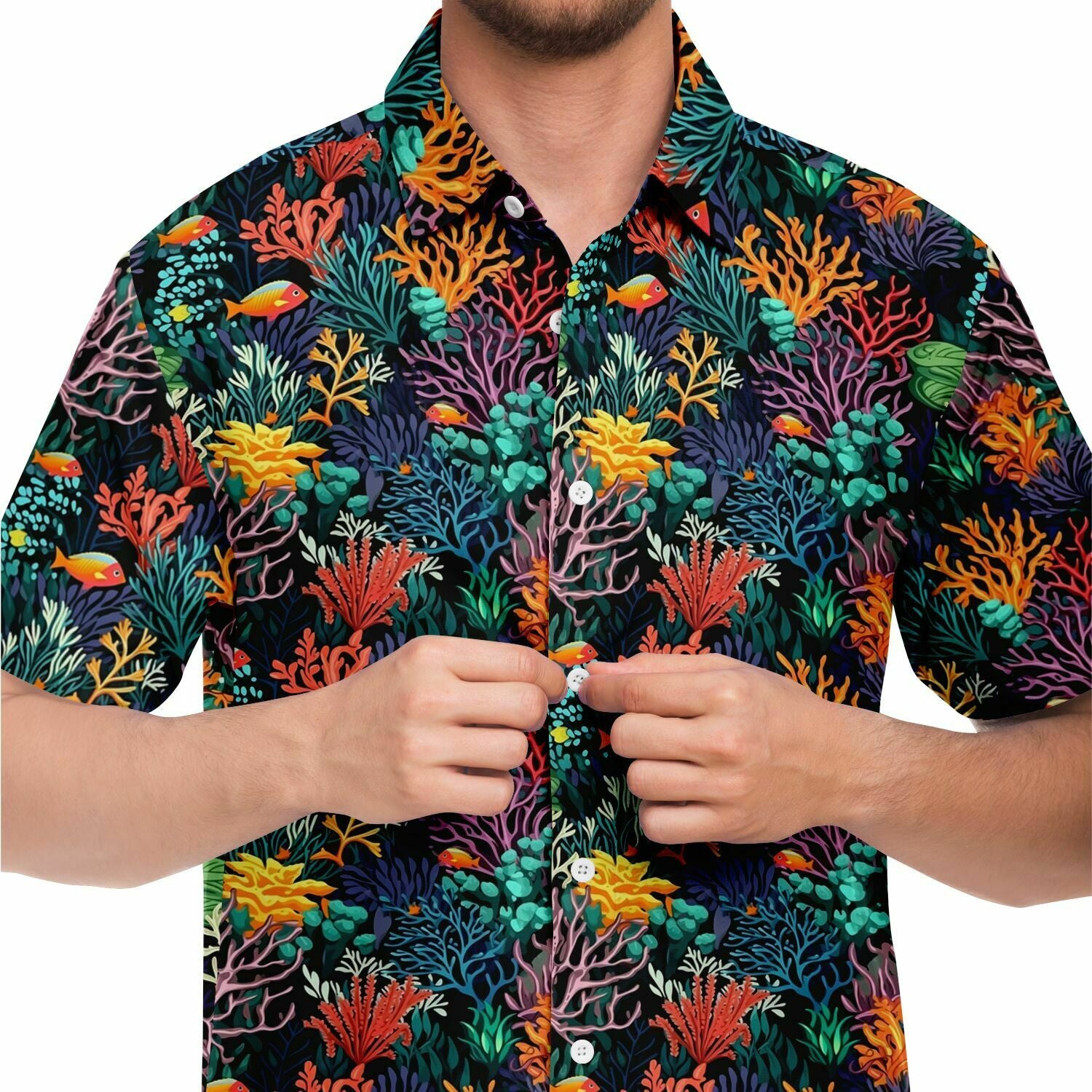 Coral Reef Short Sleeve Men Button Up Shirt, Sea Ocean Beach Tropical – Starcove Fashion