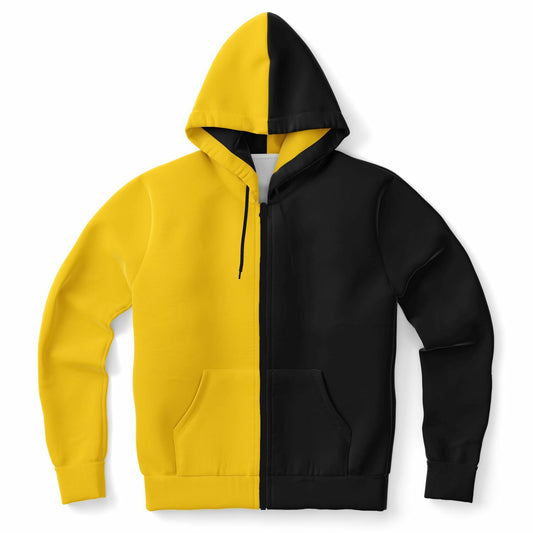 Half Black and Half Yellow Hoodie, Two Tone Color Split Pullover Zip Up Zipper Men Guys Women Plus Size Cotton Hooded Sweatshirt Pockets