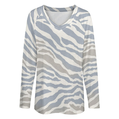 Zebra Stripe Women Long Sleeve Tshirt loose fit, Grey Blue Sand White Animal Print Relaxed V-neck Designer Ladies Female Tee Top Shirt