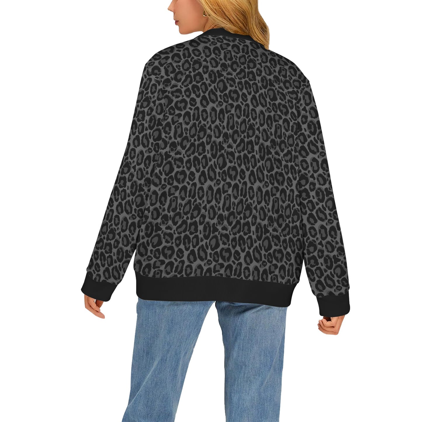 Black Leopard Cardigan Women, Grey Animal Print Cheetah Sweatshirt Sweater Long Sleeve Plus Size V Neck Lightweight Button Up Designer