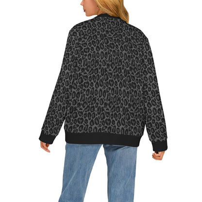 Black Leopard Cardigan Women, Grey Animal Print Cheetah Sweatshirt Sweater Long Sleeve Plus Size V Neck Lightweight Button Up Designer