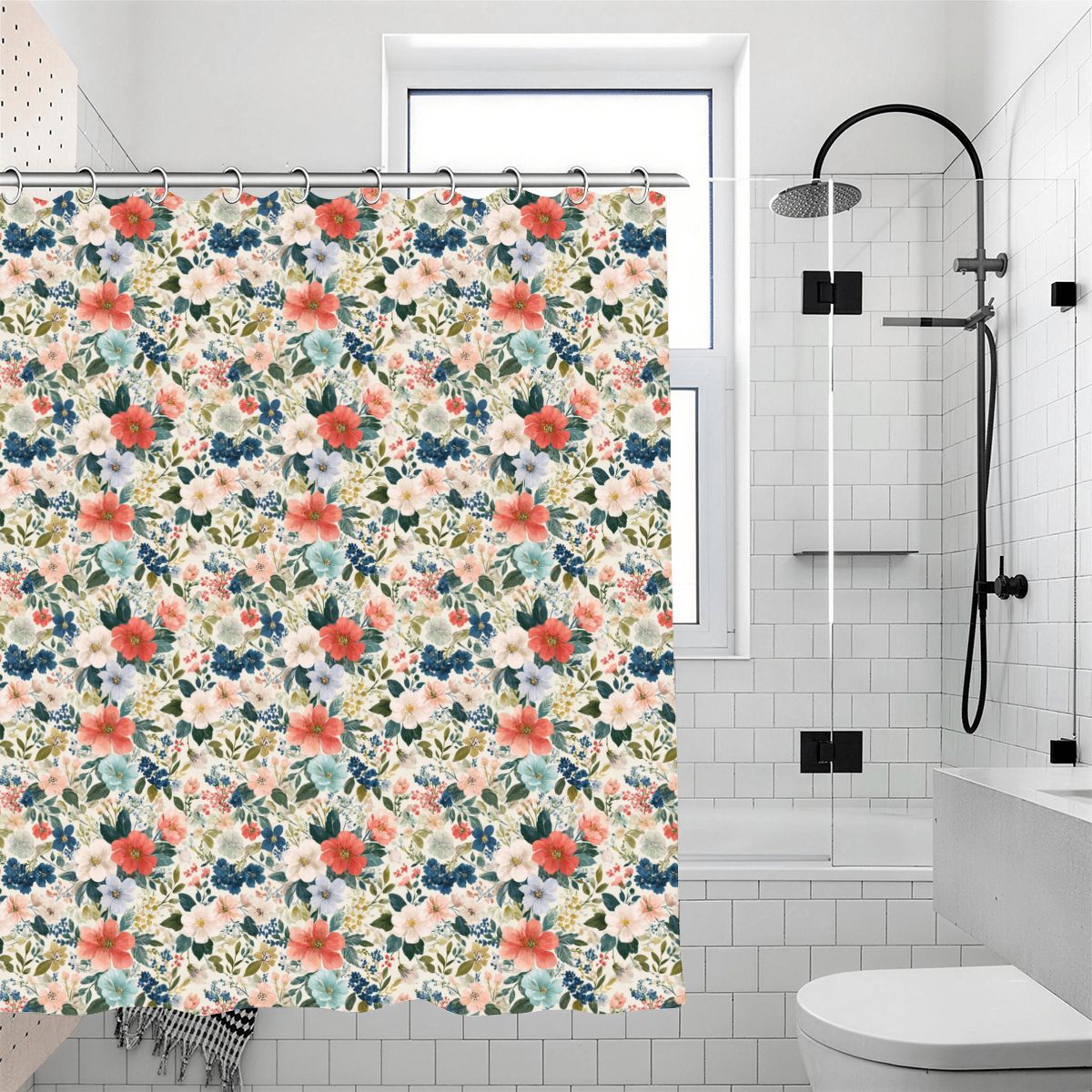 Boho Flowers Shower Curtain with Hooks Rings, Floral Blooms Fabric Waterproof Unique Bath Bathroom Decor Cool Housewarming Home Gift