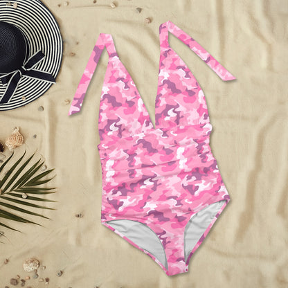 Pink Camo One Piece Swimsuit Women, Camouflage Plunge Halter Backless Starcove Fashion Pink Camo One Piece Swimsuit Women, Camouflage Plunge Halter Backless Starcove Fashion
