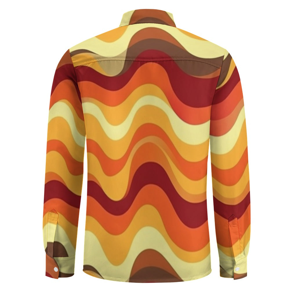 70s Wavy Stripes Long Sleeve Men Button Up Shirt, Retro Vintage Brown Yellow Print Buttoned Down Collar Casual Dress 1970 Disco Chest Pocket S / White 70s Wavy Stripes Long Sleeve Men Button Up Shirt, Retro Vintage Brown Yellow Print Buttoned Down Collar Casual Dress 1970 Disco Chest Pocket S / White