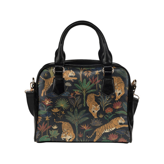 Tiger Purse, Animal Jungle Floral Flowers Print Panther Puma Pattern Cute Small Shoulder Bag Vegan Leather Women Designer Handbag Crossbody