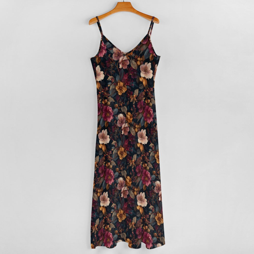 Pink Bordeaux Floral Maxi Dress, Flowers Fall Long Spaghetti Straps Flowy Women Sleeveless Casual Cute Designer Plus Size Cocktail Party Summer