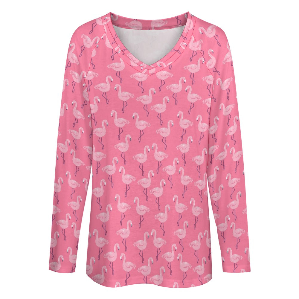Pink Flamingo Women Long Sleeve Tshirt loose fit, Bird Animal Relaxed V-neck Designer Graphic Aesthetic Ladies Female Tee Top Shirt
