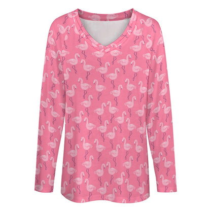 Pink Flamingo Women Long Sleeve Tshirt loose fit, Bird Animal Relaxed V-neck Designer Graphic Aesthetic Ladies Female Tee Top Shirt