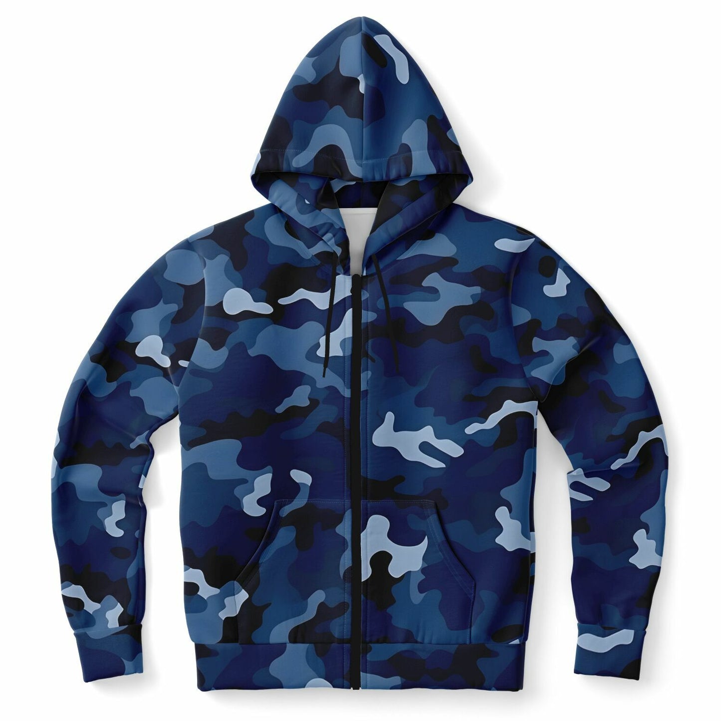 Navy Blue Camo Zip Up Hoodie, Camouflage Full Zipper Pocket Men Women Unisex Adult Aesthetic Graphic Cotton Fleece Hooded Sweatshirt