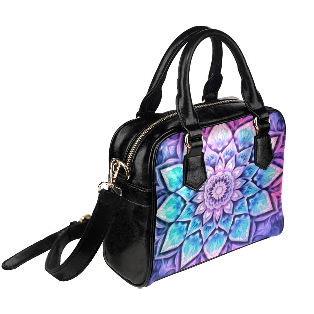 Purple Mandala Purse Handbag, Boho Shoulder Purse, Leather Handbag Print Small Mini Bag Vegan Women Ladies Designer Crossbody Tote