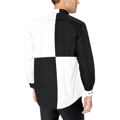 Black White Color Block Long Sleeve Men Button Up Shirt, Half Split Two Tone Combo Print Buttoned Collared Casual Male Dress Chest Pocket