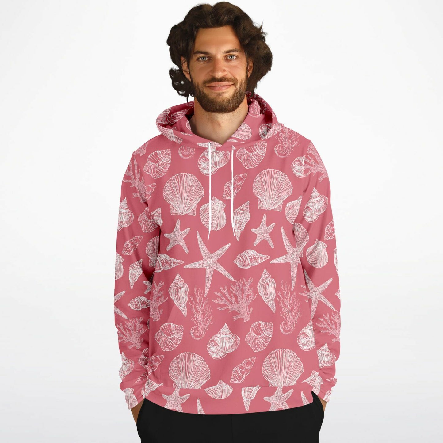 Coral Pink Beach Hoodie, Ocean Sea Shells Star Pullover Men Women Adult Graphic Cotton Hooded Sweatshirt with Pockets Designer Plus Size