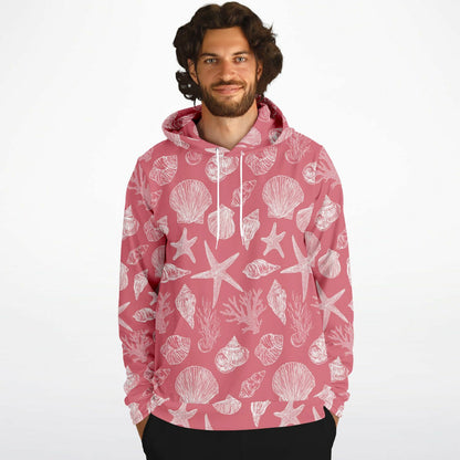 Coral Pink Beach Hoodie, Ocean Sea Shells Star Pullover Men Women Adult Graphic Cotton Hooded Sweatshirt with Pockets Designer Plus Size