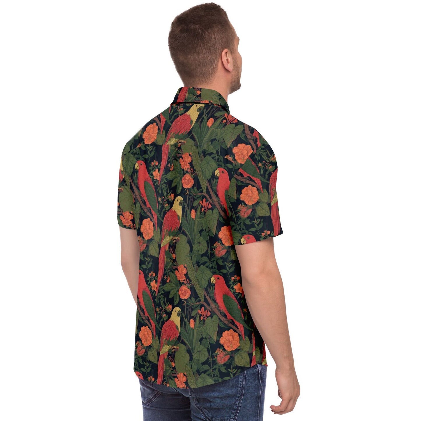 Parrot Men Button Up Shirt, Tropical Bird Plants Green Short Sleeve Print Casual Buttoned Down Summer Male Guys Collared Designer Dress