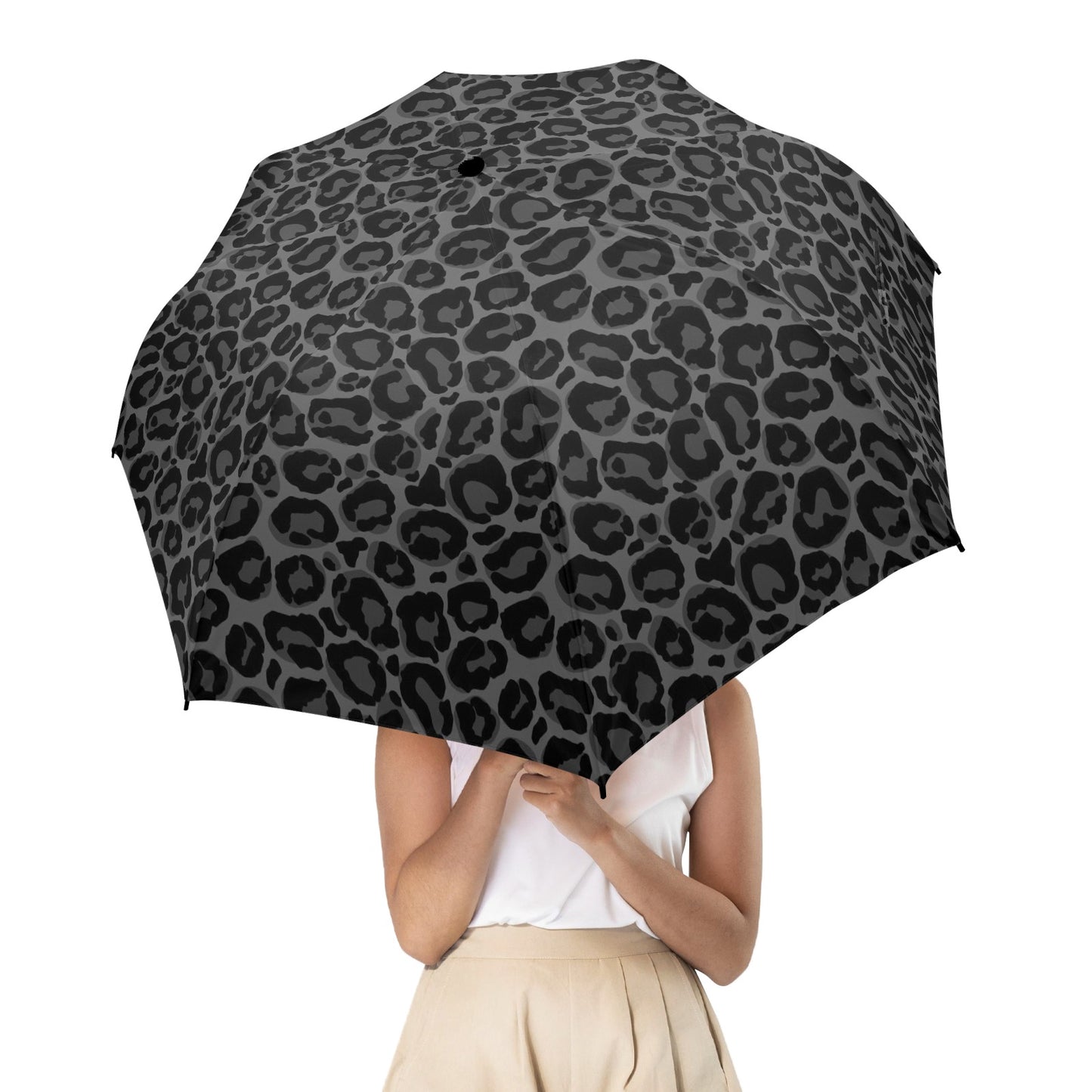Black Leopard Umbrella, Animal Print Grey Golf Anti-UV Semi-Automatic Sun Rain Parasol Large Compact Windproof Designer Luxury Men Women