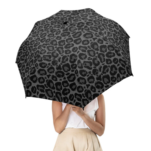 Black Leopard Umbrella, Animal Print Grey Golf Anti-UV Semi-Automatic Sun Rain Parasol Large Compact Windproof Designer Luxury Men Women