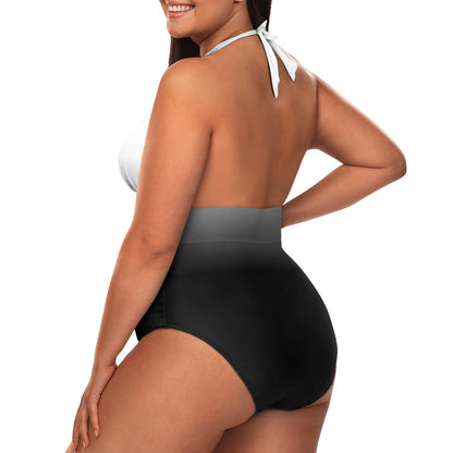 Woman wearing a black swimsuit with white straps on a white background