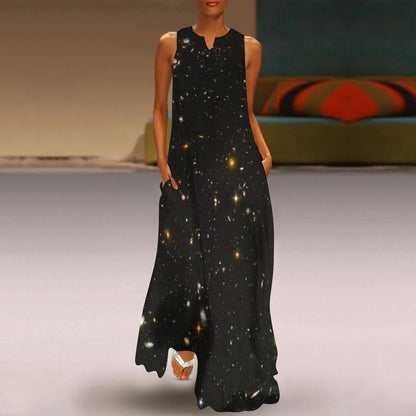 Galaxy Maxi Sleeveless Dress, Night Sky Print Black Space Star Constellation Fantasy Party Handmade Celestial Women Ladies Cocktail Pockets - Starcove Fashion