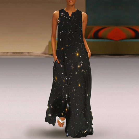 Galaxy Maxi Sleeveless Dress, Night Sky Print Black Space Star Constellation Fantasy Party Handmade Celestial Women Ladies Cocktail Pockets