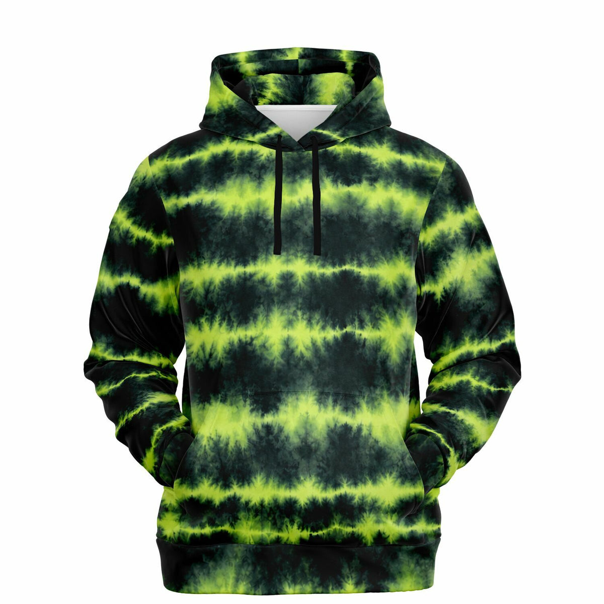 Lime Green Tie Dye Hoodie, Green Shibori Charcoal Striped Pullover Men Women Adult Cotton Hooded Sweatshirt Pockets Designer Plus Size