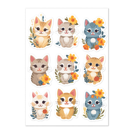 Cats with Flowers Sticker Sheets Set,  Kittens Aesthetic Cute Wall Decal Pack Car Decor Vinyl Water Proof Die Cut Glossy Starcove Fashion
