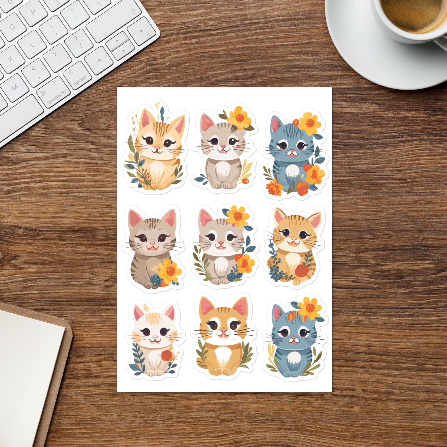 Cats with Flowers Sticker Sheets Set,  Kittens Aesthetic Cute Wall Decal Pack Car Decor Vinyl Water Proof Die Cut Glossy