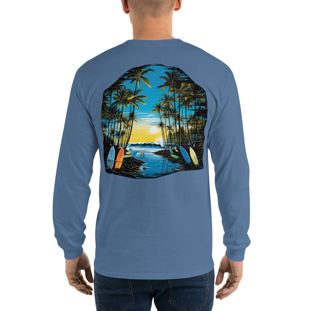 Beach Surf Long Sleeve Tshirt, Tropical Palm Tree Unisex Men Women Designer Graphic on Back Aesthetic Crew Neck Tee Starcove Fashion