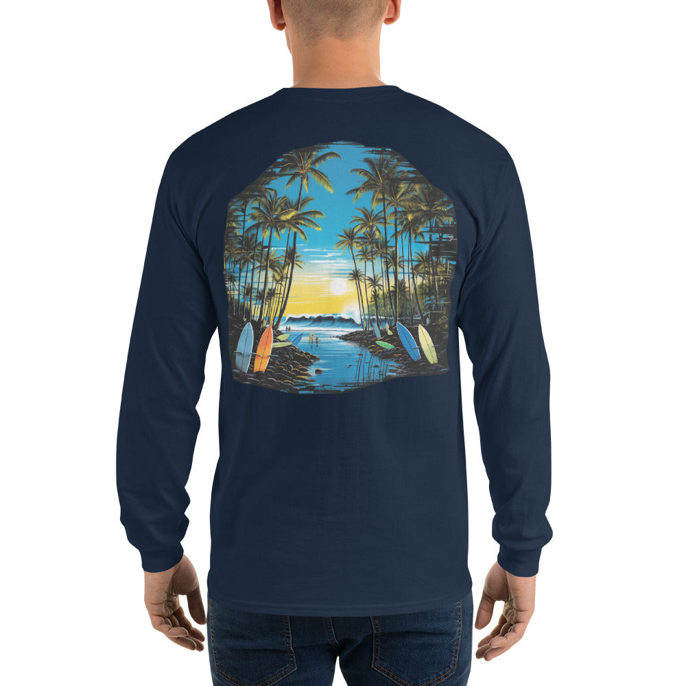 Beach Surf Long Sleeve Tshirt, Tropical Palm Tree Unisex Men Women Designer Graphic on Back Aesthetic Crew Neck Tee Starcove Fashion