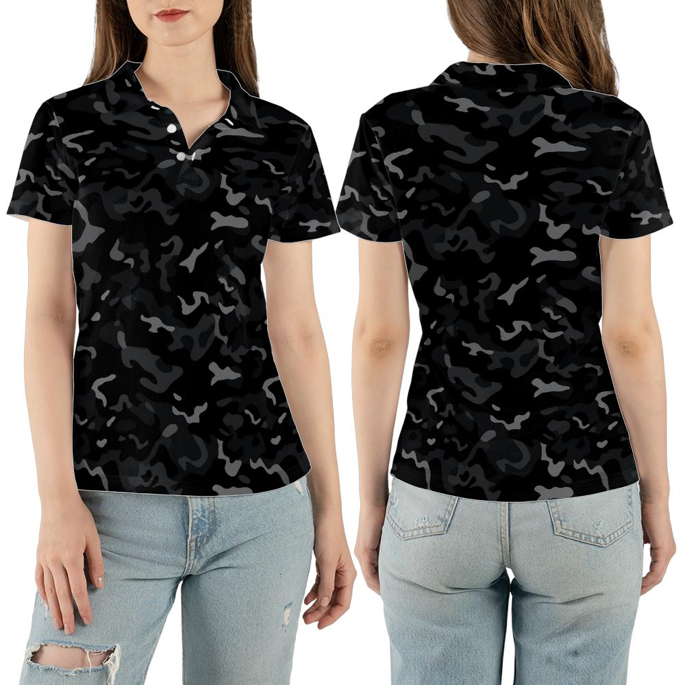 Black Camo Women Polo Shirt, Grey Camouflage Female Ladies Golf Slim Fit Short Sleeve Collared Casual Buttoned Down Up Sports Tee Top Tshirt - Starcove Fashion