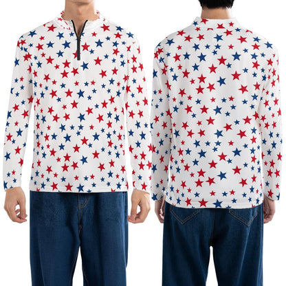 Red White Blue Stars Quarter Zip Men Shirt, American Patriotic Long Sleeve 1/4 Athletic Golf Jersey Moisture Wicking Running Sports Tshirt