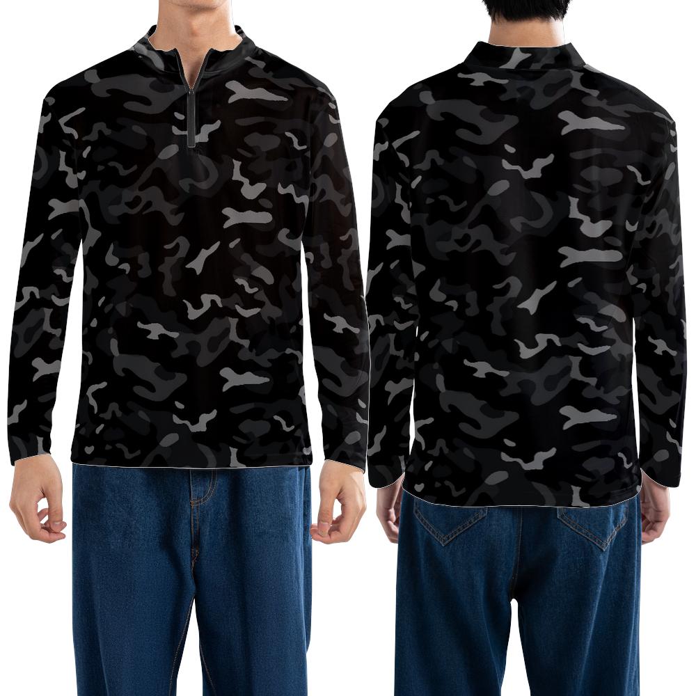 Black Camo Quarter Zip Men Shirt, Grey Camouflage Long Sleeve 1/4 Zip Athletic Golf Jersey Moisture Wicking Running Lightweight Sport Tshirt