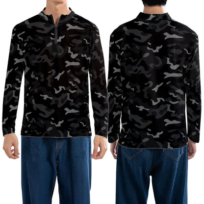 Black Camo Quarter Zip Men Shirt, Grey Camouflage Long Sleeve 1/4 Zip Athletic Golf Jersey Moisture Wicking Running Lightweight Sport Tshirt